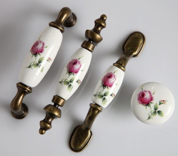 European rural style  Red rose Hand-draw Ceramic Drawer knob for cupboard/shoes cabinet/closet