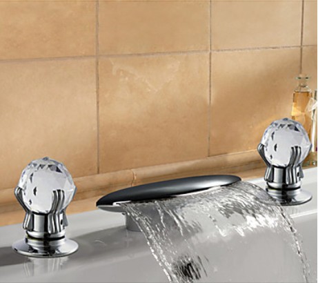 Brass Waterfall Bathroom Sink Basin Faucet Bathtub Mixer Tap W/ Double Crystal Handles Chrome Finish Deck Mounted