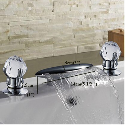 Brass Waterfall Bathroom Sink Basin Faucet Bathtub Mixer Tap W/ Double Crystal Handles Chrome Finish Deck Mounted