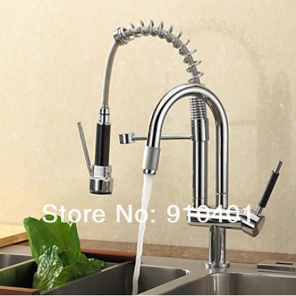 Factory directly sell!Luxury 100%solid brass chrome finish kitchen faucet  dual spouts spring sink mixer swivel spout tap