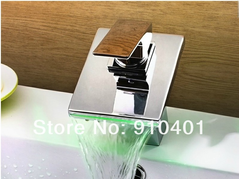 NEW Wholesale / retail Promotion  Modern LED Color Changing Chrome Brass Faucet Bathroom Waterfall Sink Mixer Tap