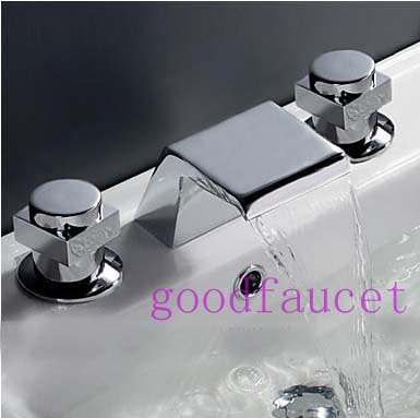 NEW Wholesale/ Retail Bathroom Waterfall Faucet Deck Mounted Double Handles Brass Mixer Tap Polished Chrome
