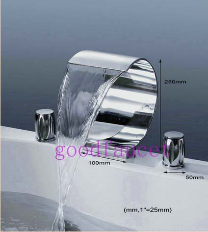 NEW Wholesale/ Retail Luxury Bathroom Waterfall Faucet Deck Mounted Double Handles Curved Spout  Mixer Tap Chrome