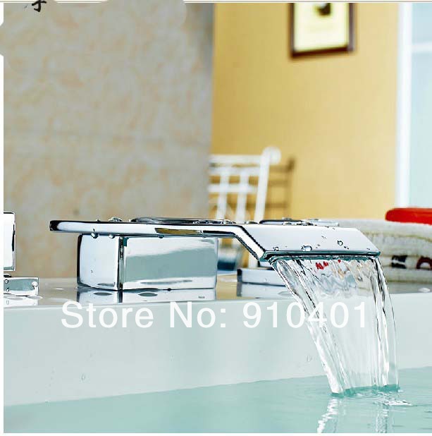 NEW Wholesale and retail Promotion NEW Deck Mounted Chrome Brass Waterfall Bathroom Basin Faucet Square Mixer Tap