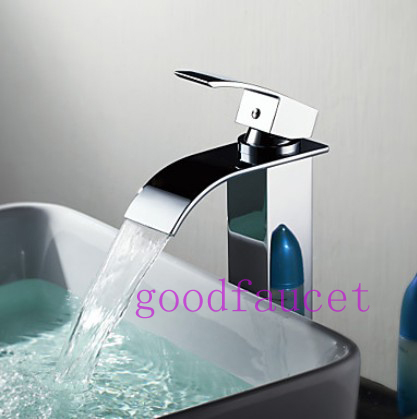 Waterfall Spout Bathroom Faucet Chrome Finish  Solid Brass Basin Sink Mixer Cold and Hot Water Tap Tall Style