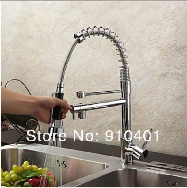 Wholesale And Retail Promotion   Chrome Brass Spring Pull Out Sprayer Kitchen Faucet with Two Spouts Mixer Tap