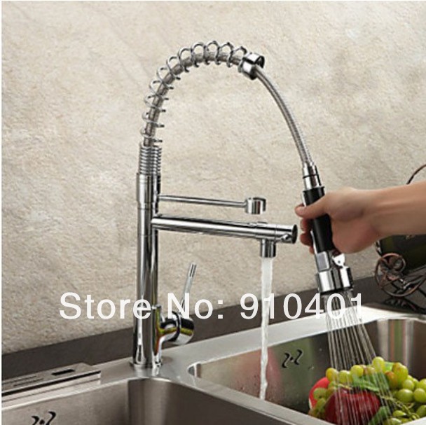 Wholesale And Retail Promotion   Chrome Brass Spring Pull Out Sprayer Kitchen Faucet with Two Spouts Mixer Tap