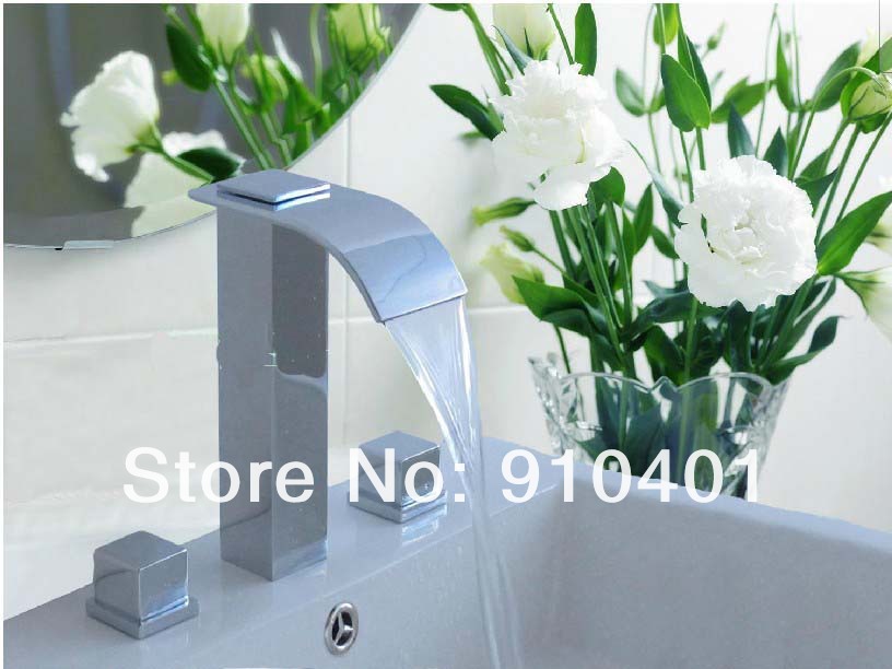 Wholesale And Retail Promotion   Deck Mounted Chrome Finish Bathroom Basin Faucet Dual Handle Waterfall Mixer Tap