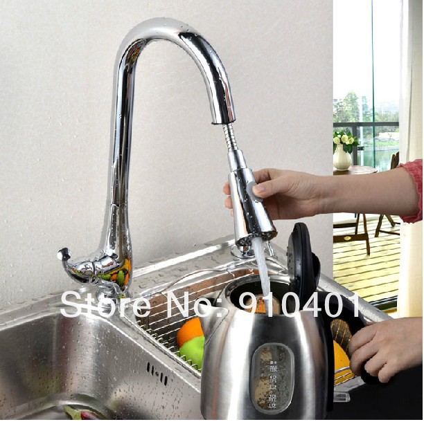 Wholesale And Retail Promotion  Chrome Brass Pull Out Kitchen Faucet Swivel Spout Sink Mixer Tap Dual Sprayer