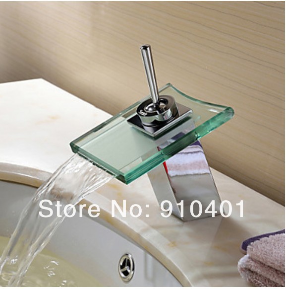 Wholesale And Retail Promotion  Chrome Brass Waterfall Bathroom Basin Faucet Glass Spout Sink Mixer Tap 1 Handle
