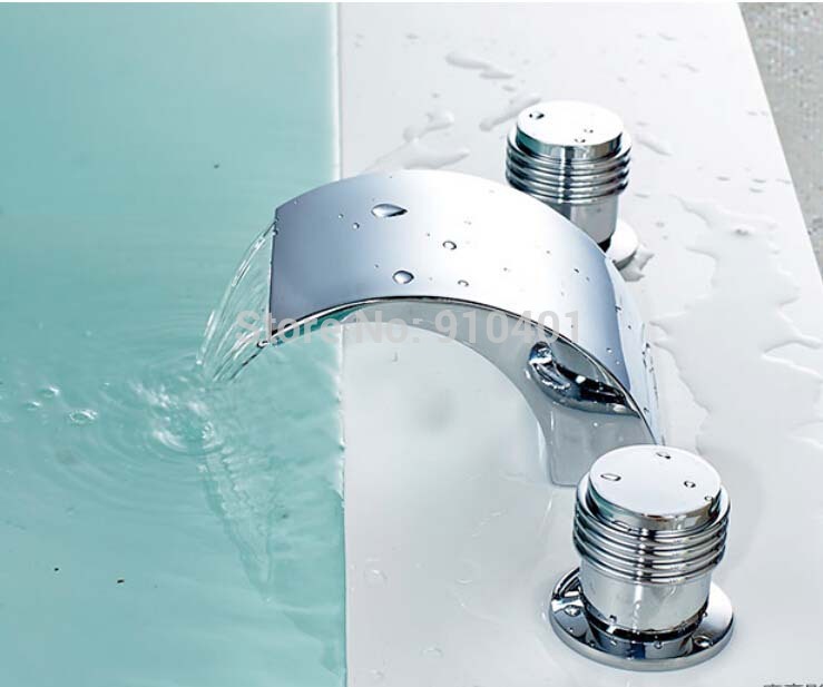 Wholesale And Retail Promotion Deck Mounted Bathroom Waterfall Basin Faucet Dual Handles Sink Mixer Tap Chrome