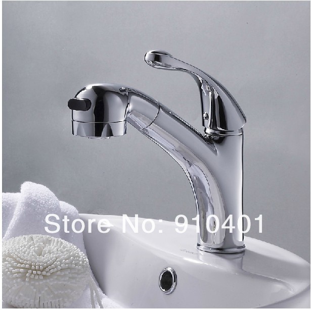 Wholesale And Retail Promotion Deck Mounted Chrome Brass Pull Out Bathroom Basin Faucet Dual Sprayer Mixer Tap