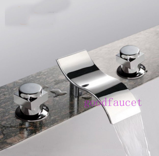 Wholesale And Retail Promotion Deck Mounted Dual Handles Chrome Brass Waterfall Spout Bathroom Faucet Mixer Tap