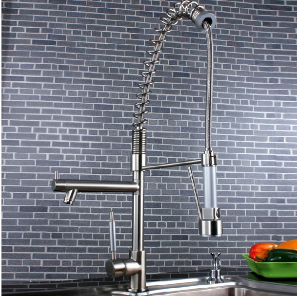 Wholesale And Retail Promotion  Luxury Brushed Nickel Kitchen Faucet Dual Swivel Spouts Single Handle Mixer Tap