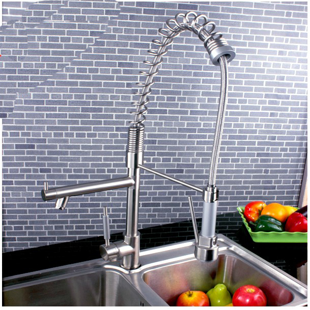 Wholesale And Retail Promotion  Luxury Brushed Nickel Kitchen Faucet Dual Swivel Spouts Single Handle Mixer Tap