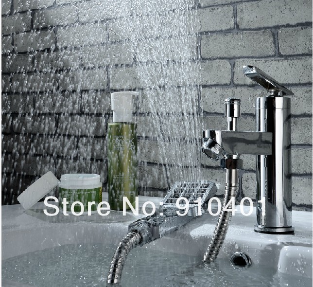 Wholesale And Retail Promotion Modern Deck Mounted Chrome Brass Bathroom Basin Faucet Mixer Tap W/ Hand Shower