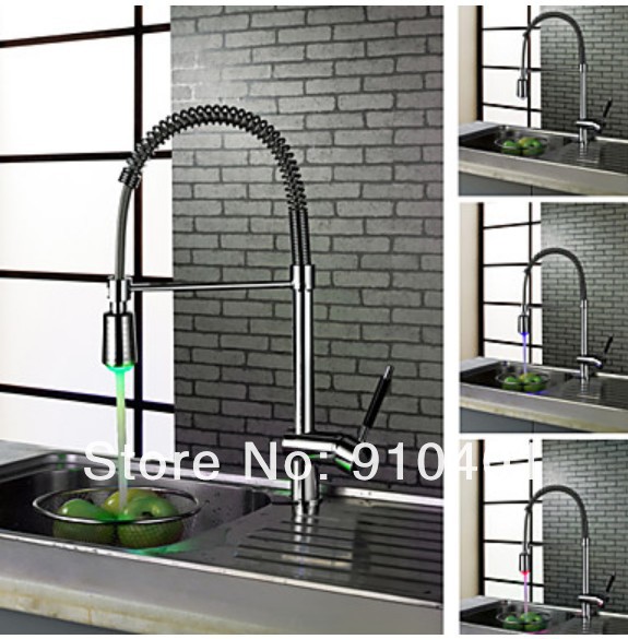 Wholesale And Retail Promotion  Modern LED Color Chrome Brass Spring Kithen Faucet Single Handle Sink Mixer Tap