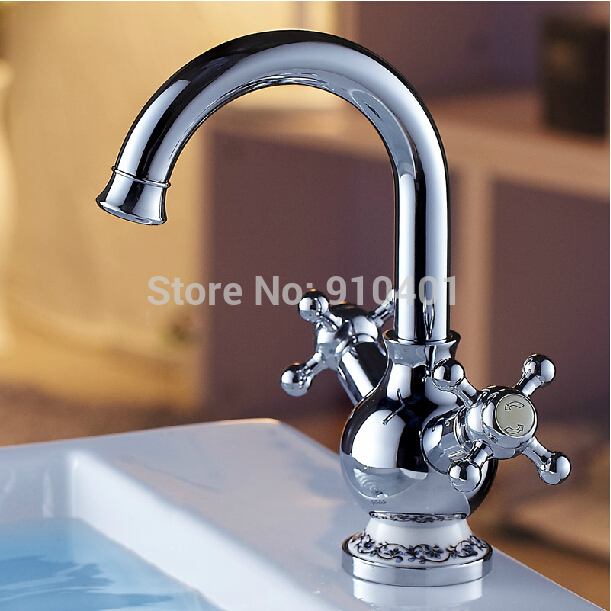 Wholesale And Retail Promotion NEW Chrome Brass Deck Mounted Modern Bathroom Basin Faucet Dual Handle Mixer Tap
