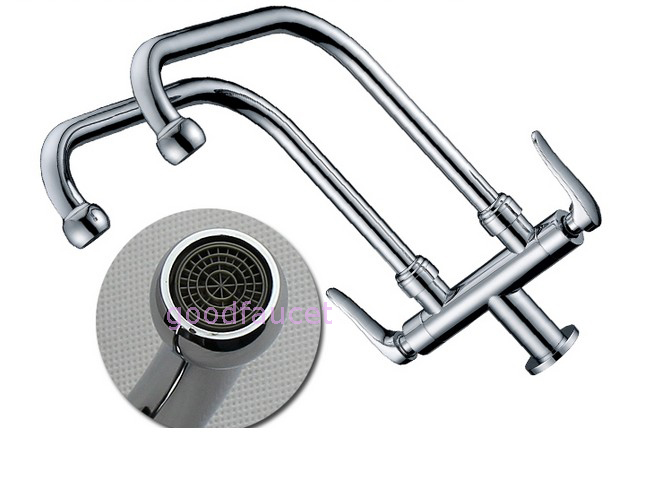 Wholesale And Retail Promotion NEW Chrome Brass Kitchen Sink Faucet Dual Faucet Tap Swivel Spout For Cold Water