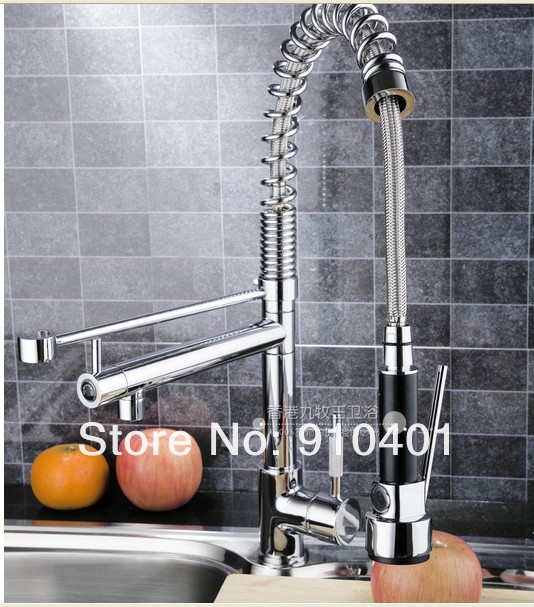Wholesale And Retail Promotion NEW Deck Mounted Chrome Brass Kitchen Faucet Dual Swivel Spouts Sink Mixer Tap