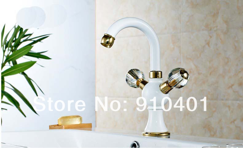 Wholesale And Retail Promotion NEW Deck Mounted Golden White Brass Dual Handles Bathroom Faucet Sink Mixer Tap