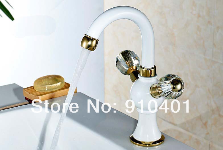 Wholesale And Retail Promotion NEW Deck Mounted Golden White Brass Dual Handles Bathroom Faucet Sink Mixer Tap