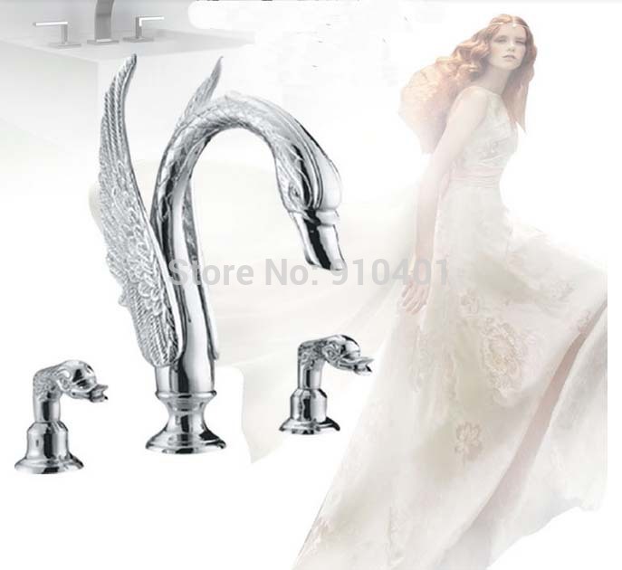 Wholesale And Retail Promotion NEW Luxury Chrome Brass Bathroom Swan Faucet Bathtub Sink Mixer Tap Widespread