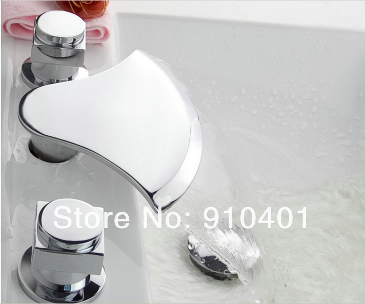 Wholesale And Retail Promotion NEW Polished Chrome Brass Waterfall Bathroom Basin Faucet Dual Handles Mixer Tap