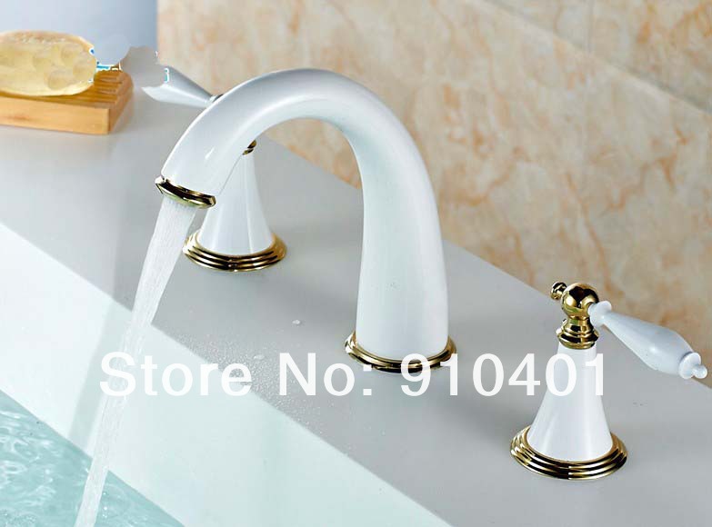 Wholesale And Retail Promotion NEW White Golden Widespread Brass Bathroom Basin Faucet Dual Handles Mixer Tap