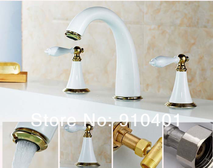 Wholesale And Retail Promotion NEW White Golden Widespread Brass Bathroom Basin Faucet Dual Handles Mixer Tap