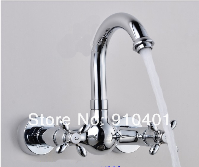 Wholesale And Retail Promotion  Wall Mounted Bathroom Faucet Dual Cross Handles Kitchen Sink Mixer Tap Chrome