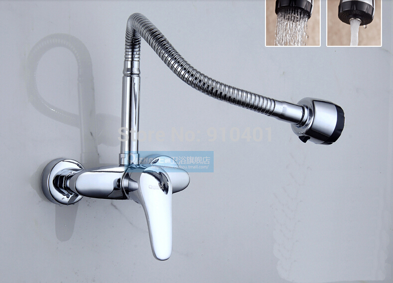 Wholesale And Retail Promotion Wall Mounted Chrome Brass Kitchen Faucet Single Handle Sink Mixer Tap Dual Spout