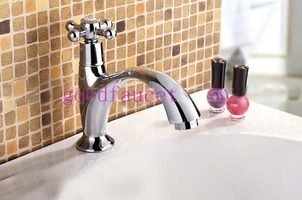 Wholesale and Retail Promotion NEW Chrome Brass Bathroom Faucet Cross Handle Deck Mounted Basin Tap Cold Water