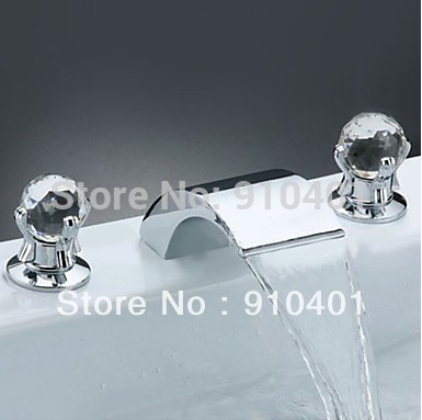 Widespread bathroom waterfall basin faucet dual crystal handles mixer tap chrome finish single handle hole