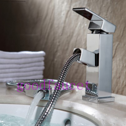 contemporary pull out bathroom basin faucet deck mounted mixer single handle water tap chrom brass hot & cold tap
