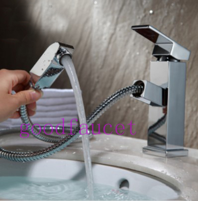 contemporary pull out bathroom basin faucet deck mounted mixer single handle water tap chrom brass hot & cold tap