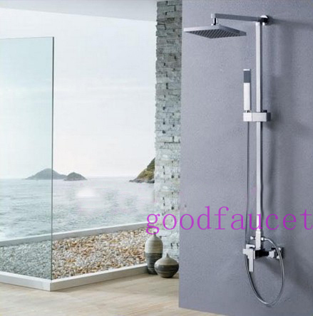 Contemporary Modern Square Brass 8" Bathroom Rain Shower Faucet Set With Handheld Shower Mixer Tap