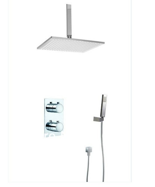 Wholesale And Retail Promotion Celling Mounted 10" Square Rain Shower Faucet Set Dual Handles With Hand Shower