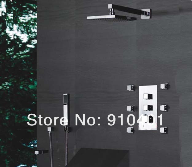 Wholesale And Retail Promotion Chrome Brass Wall Mount 8" Thermostatic Shower Faucet Set 6 Massage Jets Sprayer