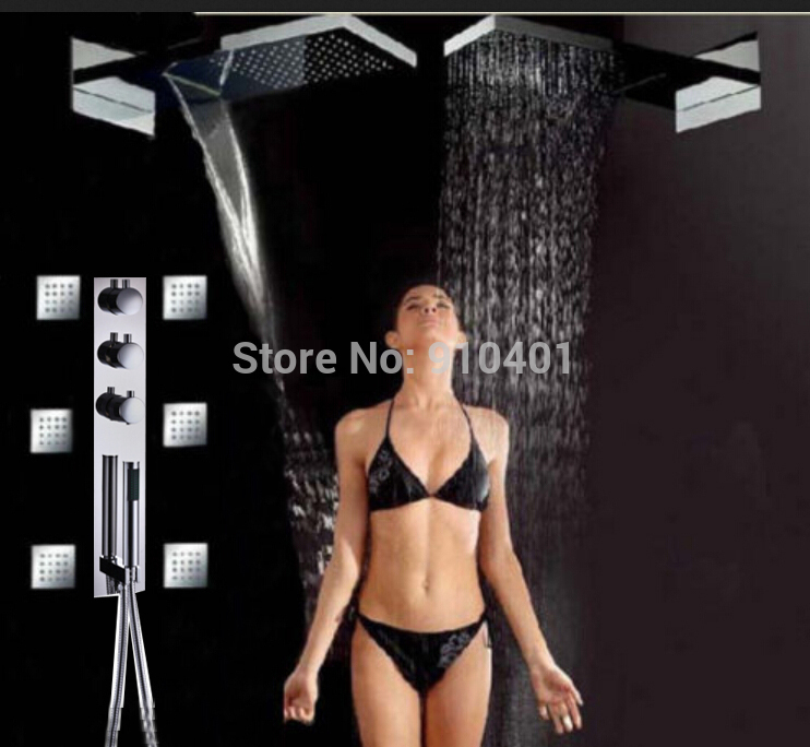 Wholesale And Retail Promotion Thermostatic Square 22" Large Waterfall Shower Faucet W/ Massage Jets Sprayers