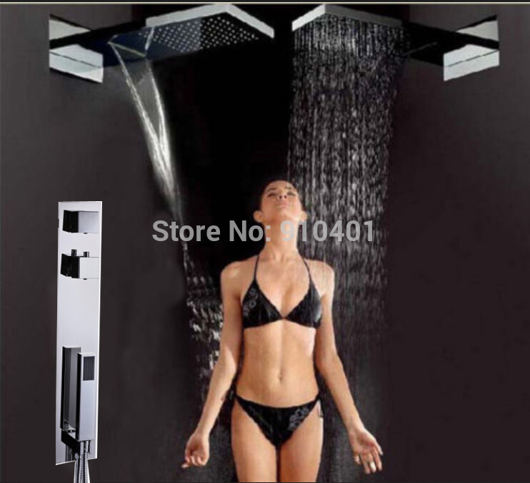 Wholesale And Retail PromotionThermostatic Square Waterfall Rain Shower Mixer Tap Dual Handle W/ Hand Shower