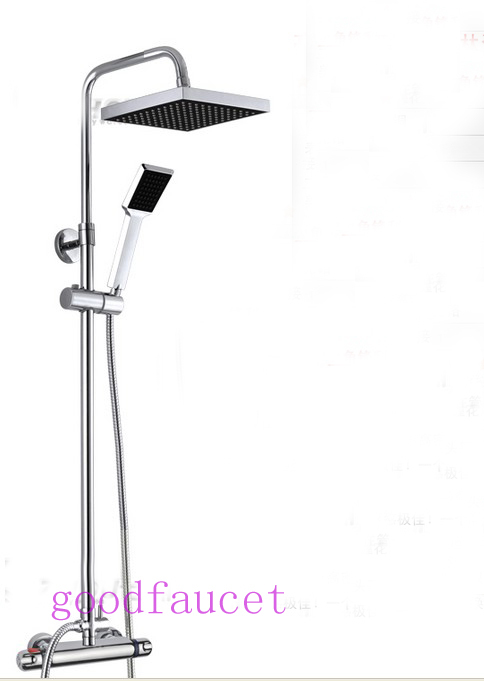 luxury wall mounted thermostatic shower set mixer tap 8"square rain shower head + thermostatic valve + hand shower