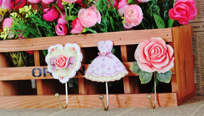 Wall Mounted resin colored drawing rose bathroom Bedroon wall hook robe hooks metal clothes hooks 5PCS per lot