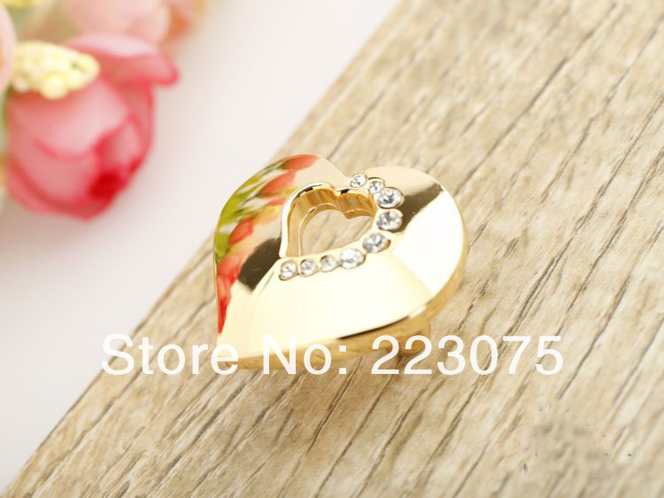 -Gold Love shape crystal handle rheinstone drawer knobs  furniture door pull 10pcs/lot