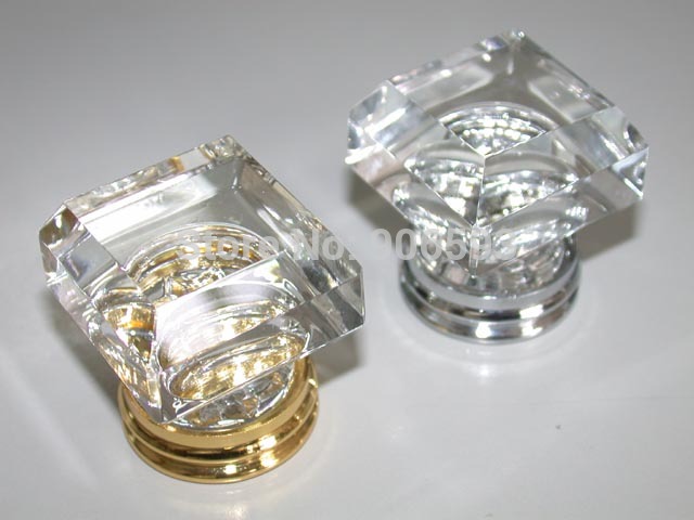 10PCS/LOT FREE SHIPPING 33MM CLEAR SQUARE CRYSTAL KNOB ON A GOLD BRASS BASE