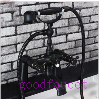 Oil Rubbed Bronze Clawfoot Bathtub Faucet Mixer Tap With Pillars Deck Mounted With Handheld Sprayer
