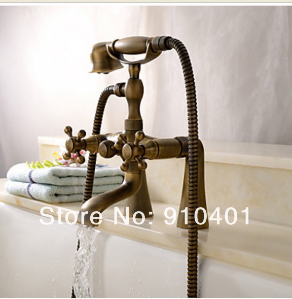 Wholesale And Retail Promotion Deck Mounted Antique Brass Bathroom Tub Faucet Dual Handles Mixer Tap 2 Handles