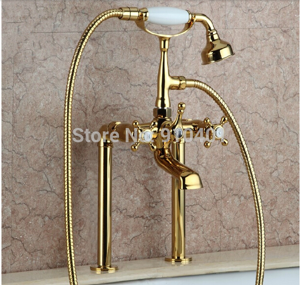 Wholesale And Retail Promotion NEW Deck Mounted Golden Brass Bathroom Tub Faucet Dual Handles With Hand Shower