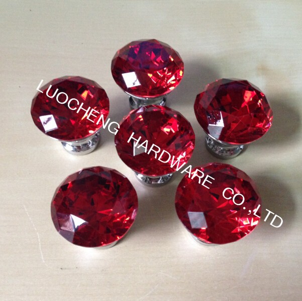 10PCS/ LOT 30mm Zinc Alloy Red Diamond Crystal Kitchen Cabinet Knobs Handles Dresser Cupboard Door Knob Pulls