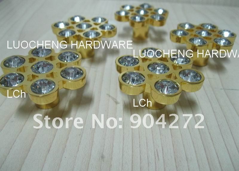 30PCS/ LOT FLOWER CLEAR CRYSTAL KNOBS WITH ALUMINIUM ALLOY GOLD METAL PART